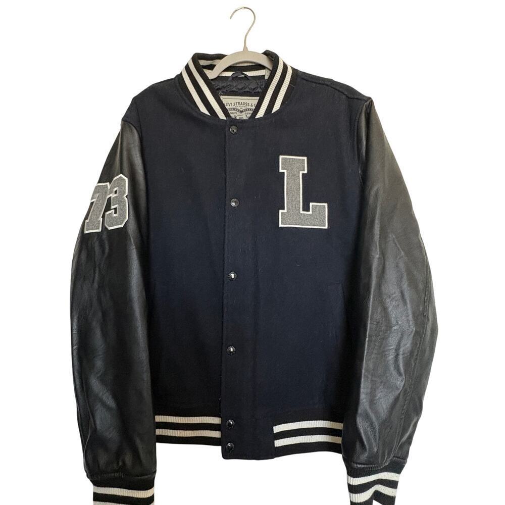 Levi’s Varsity Bomber Jacket L Navy Faux Leather Sleeves 73